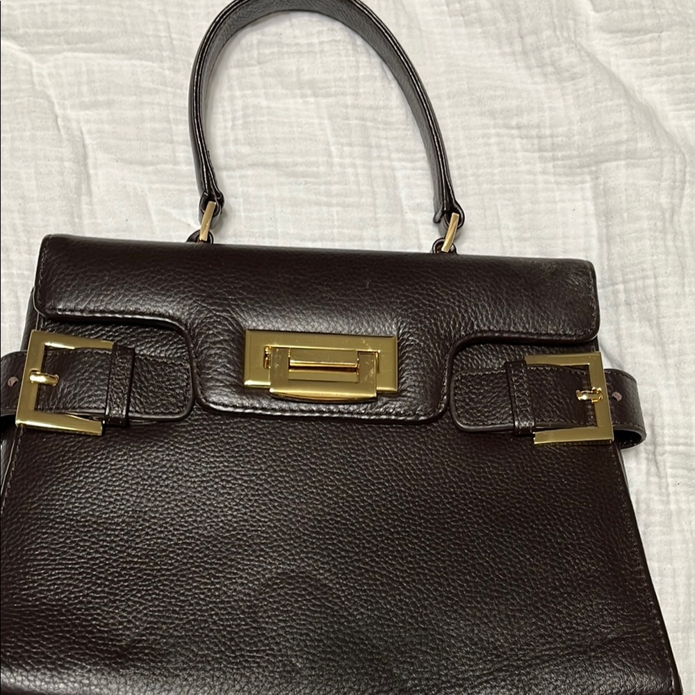 Brown Crossbody Bag with Gold Hardware and Structured Design